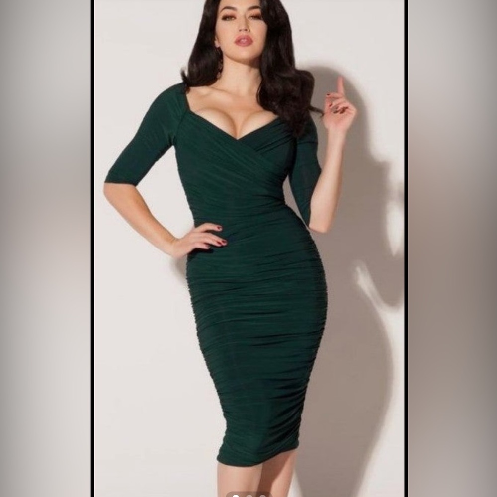 Pinup Girl Clothing: Monica Wiggle Dress by Laura Byrnes in forest green